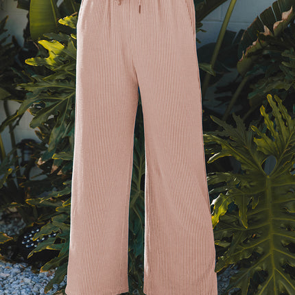 Smoke Gray Solid Corded Knit Short Sleeve T Shirt and Wide Leg Pants Set