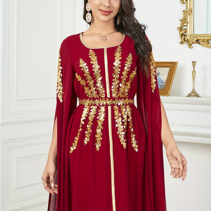 Middle Eastern Fashion Solid Color Sequin Embroidered Waist-Cinching Long Split Sleeve Gown Dress