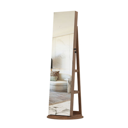 360°Swivel Jewelry Cabinet with Full Length Mirror, 360°Rotating Standing Jewelry Armoire Organizer , Lockable Storage Cabinet, Interior Lighted Mirror, Light Walnut