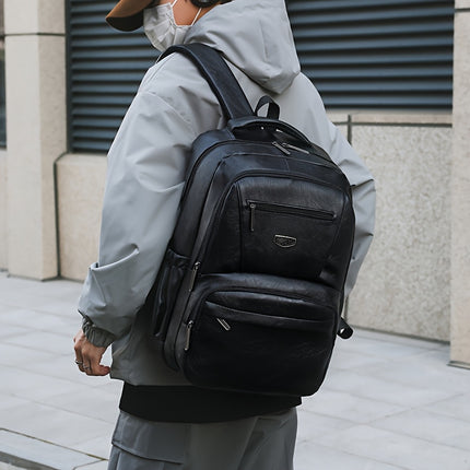 Men's Vintage PU Large Capacity Multi-Pocket Backpack, Casual Commuter Travel Backpack