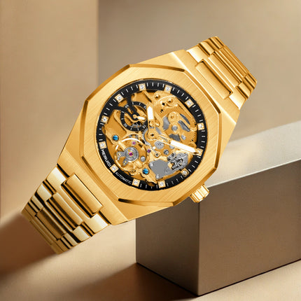 1pc Men'S Yellow & Black Steel Streetwear Rascal Handsome Polygon Automatic Tourbillon