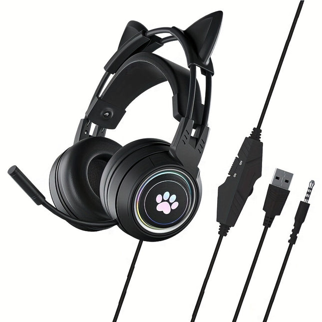 G25 Cute Cat Ear Gaming Headset Wired for Live Streaming, Over-Ear Gaming Headphones