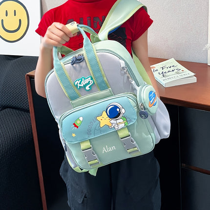 Customizable name, cute cartoon bunny/ astronaut design backpack with detachable small wallet