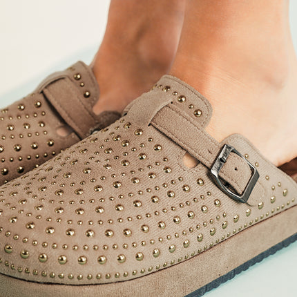 Parchment Rivet Buckle Closed Toe Platform Slippers