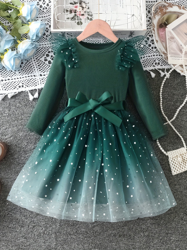 A Little Dress Featuring Star Sequins with Striped Patchwork And a Gradient Tulle Design, Complete