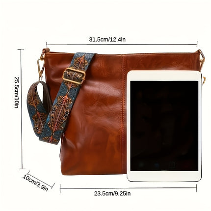 Women's Large Bohemian Style Shoulder Bag - Vintage Wide Strap Crossbody Bag with Adjustable Strap