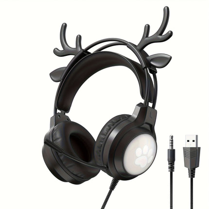 Cute Deer Ear Headset | Wired Gaming Headphones with Microphone, USB Powered, Plastic Material