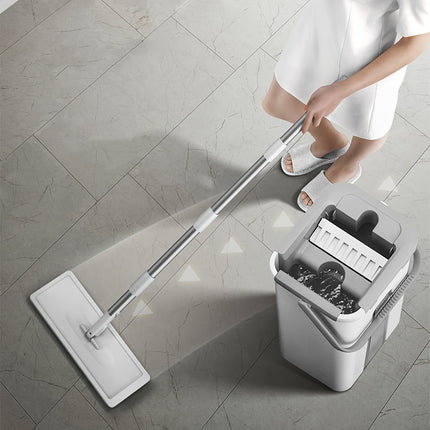 Mop And Bucket with Wringer Set, White Flat Squeeze Mop Bucket Set for Floor Cleaning, Wet Dry Mop for Wall Cleaner with Long Handle, Hardwood Floor Mop with 3 Microfiber Cloths