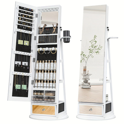 LED Lights, Full Length Mirror Cabinet Standing, Jewelry Organizer Storage, Foldable Makeup Shelf