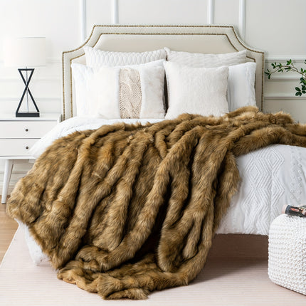 Luxury Reversible Fox Fur & Plush Velvet Throw Blanket - Super Soft Fluffy All-Season Grey Elegant Blanket