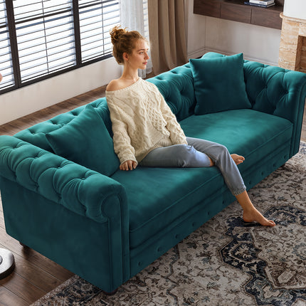 Sofa In Black Velvet, Featuring Rolled Arms, 23.6" Deep Seat With Two Throw Pillows