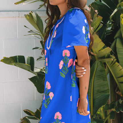 Blue Floral Short Sleeve Split Neck Loose Mini Dress