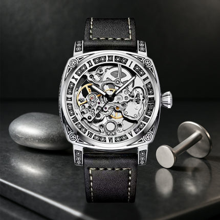 1pc Men'S Silvery Black PU Belt Simple Style Quality Ancient Roman Fully Automatic Tourbillon Mechanical Watch