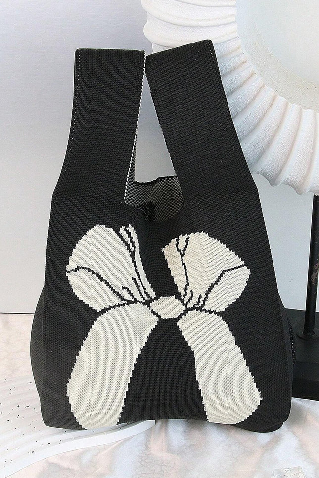 Black Colorblock Bowknot Pattern Knitted Tote Bag - GARDIWALL