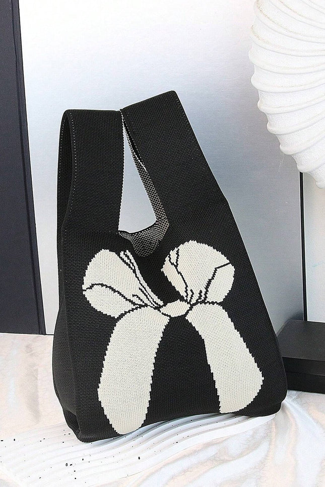 Black Colorblock Bowknot Pattern Knitted Tote Bag - GARDIWALL