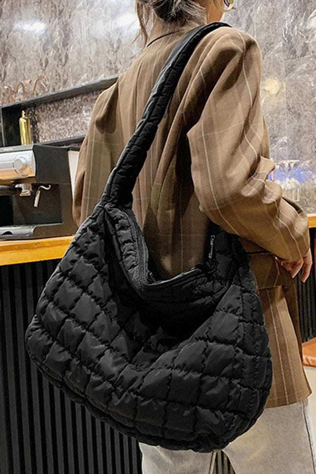 Black Quilted Zipper Large Shoulder Bag - GARDIWALL