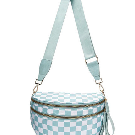 Blackish Green Checkered Print Wide Strap Large Crossbody Bag - GARDIWALL