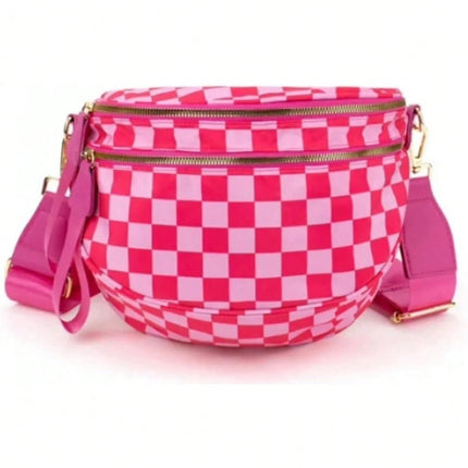 Blackish Green Checkered Print Wide Strap Large Crossbody Bag - GARDIWALL