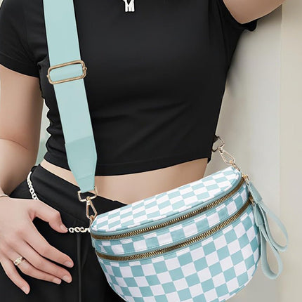 Blackish Green Checkered Print Wide Strap Large Crossbody Bag - GARDIWALL