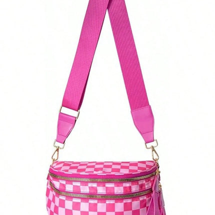 Blackish Green Checkered Print Wide Strap Large Crossbody Bag - GARDIWALL