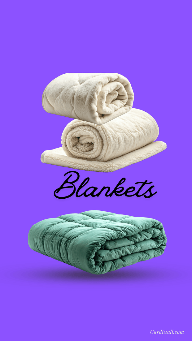 Three folded blankets in beige and green on a purple background with 'Blankets' text.