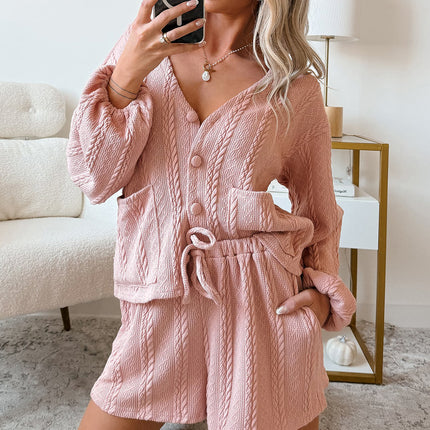 Gossamer Pink Cable Knit V Neck Cardigan Shorts Set