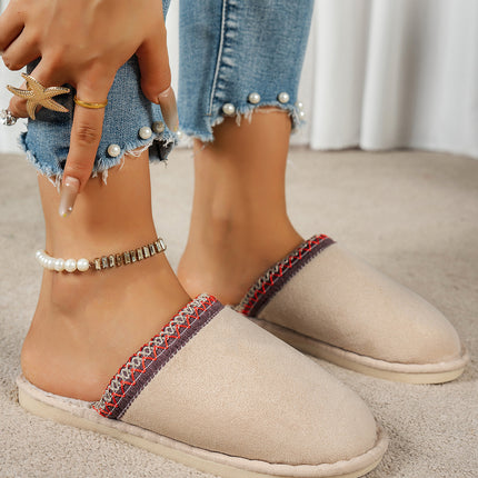 Gray Faux Suede Plush Liner Contrast Embroidered Detail Winter Slippers