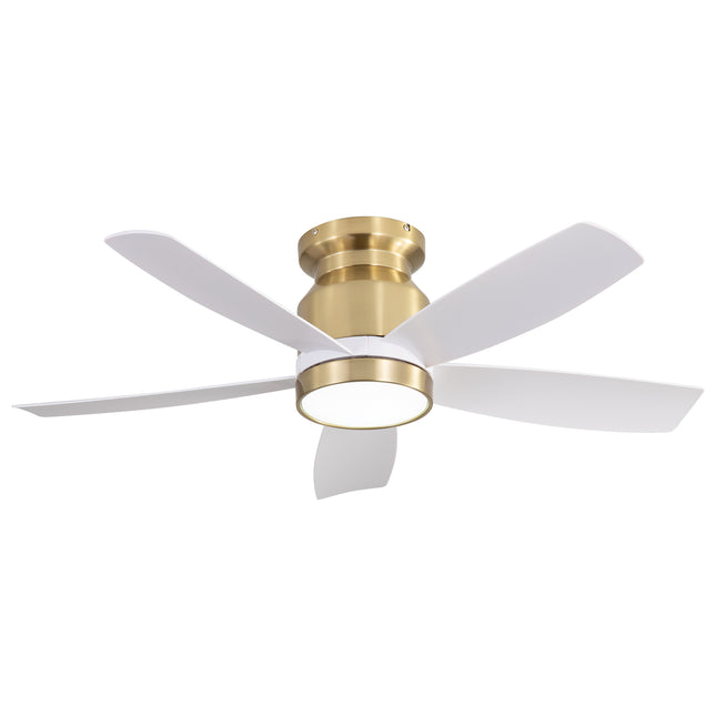 42 Inch Flush Mount Ceiling Fan with LED Light 22W and Remote Control in White Blades/Gold Body, ABS Blades, Metal Frame for Indoor Use