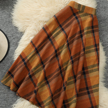 Autumn/Winter French-Style Vintage Plaid Tweed A-Line Flared Skirt with Wide Hem for Look