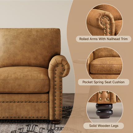 Leather Sofa  Nailhead Trim Deep Seat Rolled Arms 3 Seater, Brown, ONBRILL, Pre-assembled for Various Room Types