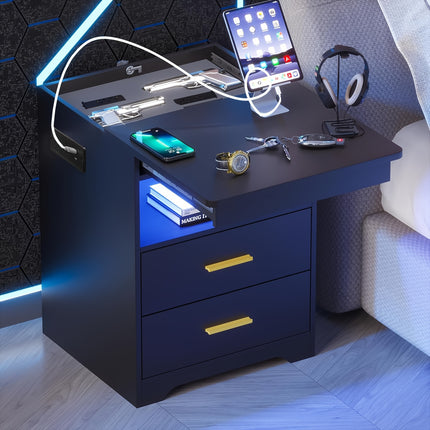 LED Bedside Table With Gun Drawer, With Charging Station, Modern Side Table With Fabric Drawer,