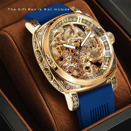 1pc Men's Yellow and Blue Tape Elegant Carved Roman Rotating Mechanical Watch