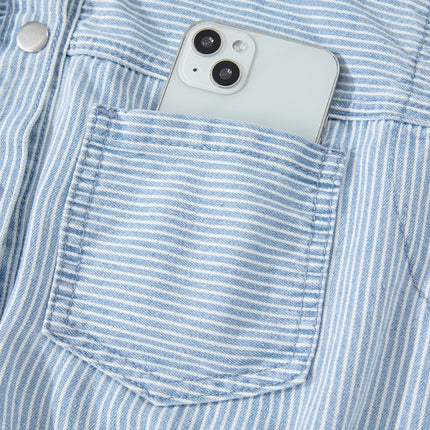 Sky Blue Stripe Collared Button Front Sleeveless Denim Mini Dress