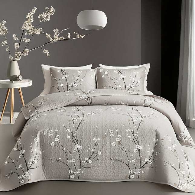 2/3pcs Multicolour Tree Branch Plum Blossom Quilted Quilt, 1pc Quilted Quilt+ 1/2pcs Pillowcases,