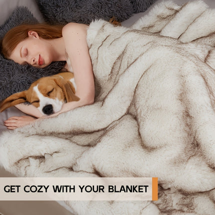 Reversible Faux Fur Blanket - Oversized 60"x80" Plush Mink & Beige/White/Gray Cozy Throw for Bed, Couch