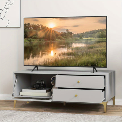 Modern TV Stand for 55" TVs with Drop-Down Door Cabinet & 2 Storage Drawers