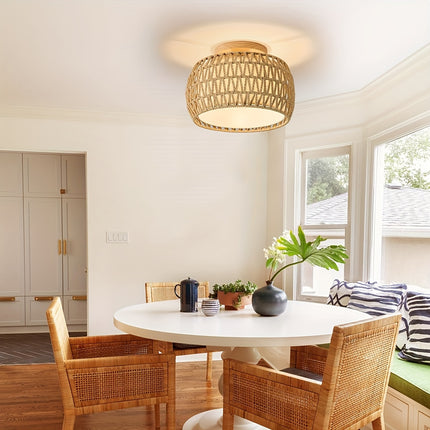 1pc Bohemian Rattan Semi-Flush Mount Ceiling Light Fixture For Farmhouse Decor