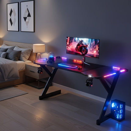 Sturdy Y-Shaped Gaming Desk with Dual RGB LED Lights, Computer Table