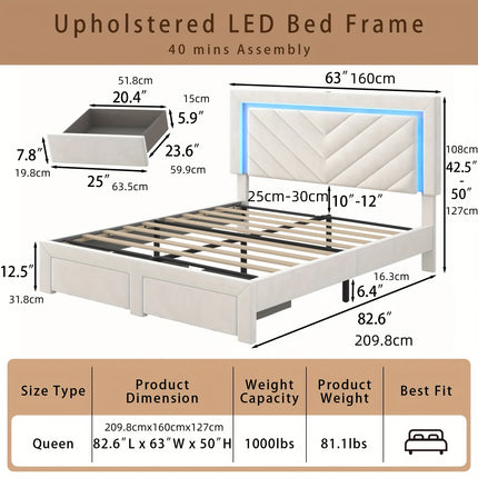 Bed Frame with Upholstery Featuring an Adjustable LED Headboard, Built-In Charging Station