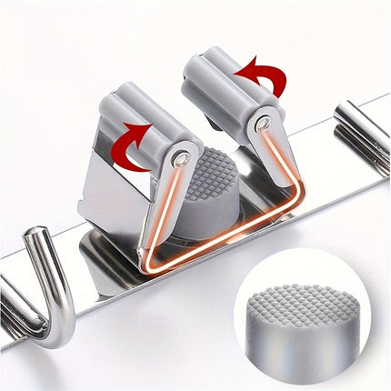 1pc, Heavy Duty Stainless Steel Wall Mount Broom & Mop Holder, Self-Adhesive Non Slip