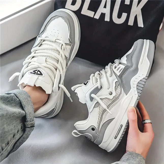 Men'S Low-Top Skate Sneakers - Black & White Geometric Street Style Lace-Up Shoes with Non-Slip PVC Sole,