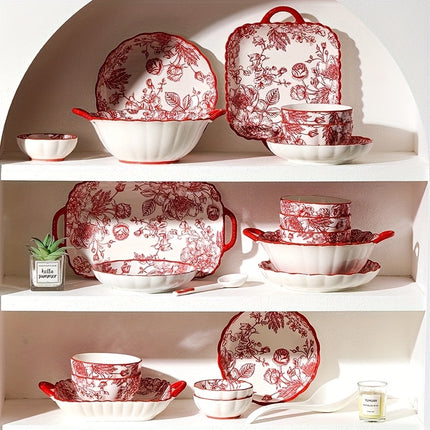 18/33/44pcs Set - Ceramic Tableware Set, French Retro, Red Rose Pattern, Wedding Gift, Can Hold Steak