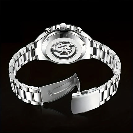 Men'S Luxury Automatic Mechanical Watch - Elegant Steel Band, Multi-Function Sun/Moon/Star Display,