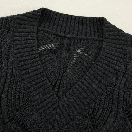 Black Hollow Out Knit V Neck Drop Shoulder Sweater