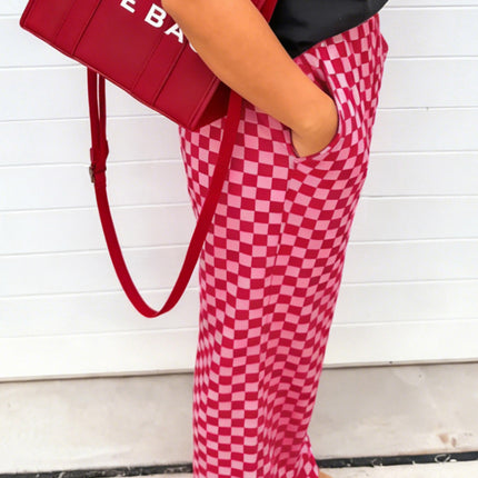 Rose Elastic Waist Plaid Full-length Shift Pants