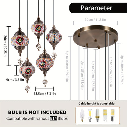 1pc Turkish-Moroccan Tile Pendant Ceiling Light, 5-Arm Shade, E27 Socket, Handcrafted Glass,