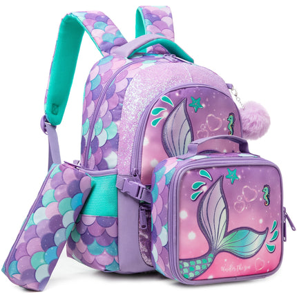 Girls Backpack for Elementary School with handbag and Pencil Case Cute Butterfly/Cat/Mermaid Backpack