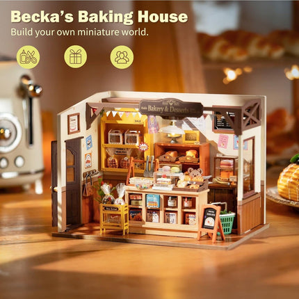 Rolife Mini Home DIY Assembly Model, Becca's Bakery, 3D Puzzle Toy, 256-piece Wooden Model With LED Lights, Creative Home Decor And Adult Gift