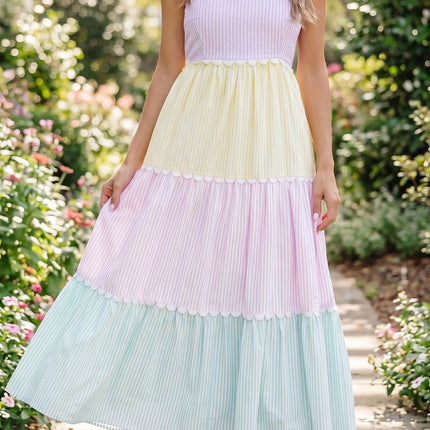 Multicolour Striped Colorblock Adjustable Strap Scalloped Detail Long Dress
