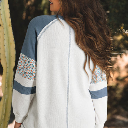 White Floral Patchwork Waffle Knit Raglan Top